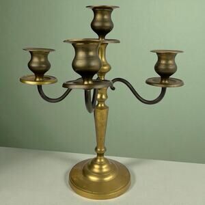 Vintage 1970s Solid Brass 3-Arm Candelabra w/ Center Pillar Regency 3.4 lbs